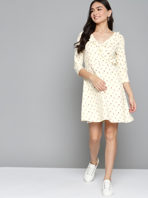 

Mast & Harbour Cream-Coloured & Red Floral Print Ruffle Wrap Dress