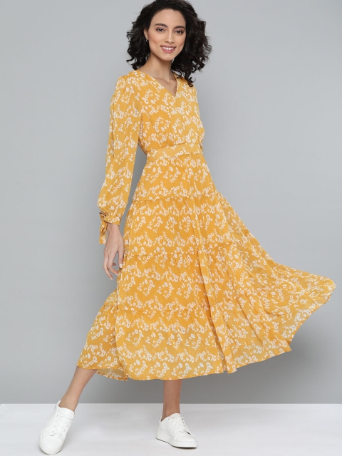 

Mast & Harbour Women Mustard Yellow & White Printed A-Line Tiered Midi Dress
