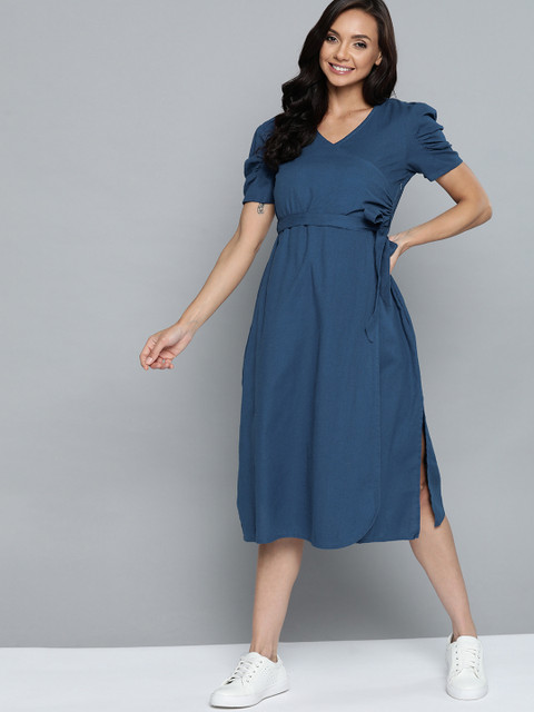 

Mast & Harbour Navy Blue Cotton Linen Midi Wrap Dress with Belt