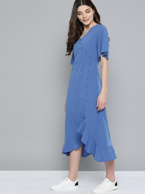 

Mast & Harbour Women Blue Solid Asymmetric Wrap Dress