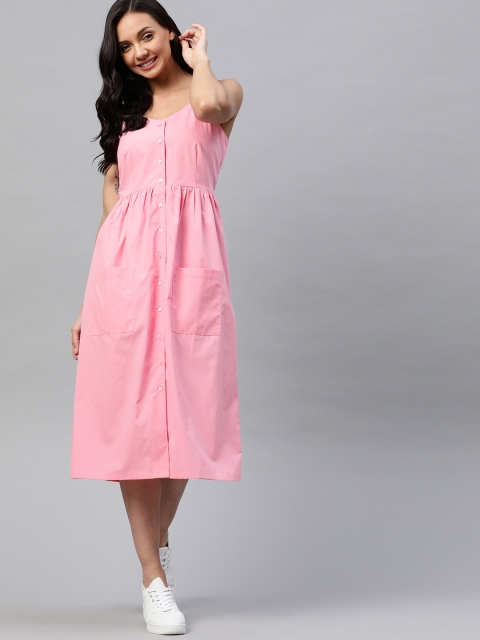 

Mast & Harbour Pink Solid Pure Cotton A-Line Midi Dress