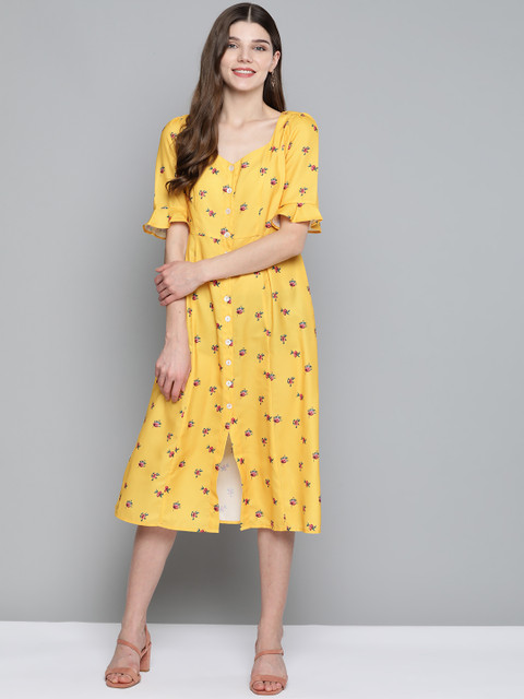 

Mast & Harbour Women Yellow & Pink Floral Printed A-Line Dress