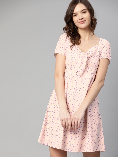 

Mast & Harbour Women Pink & Purple Floral Tie-Up Neck A-Line Dress