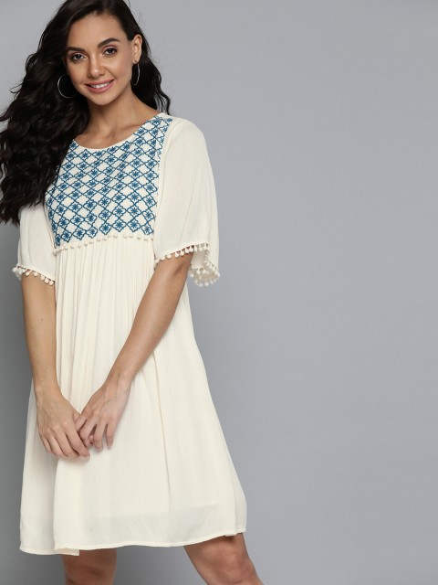 

Mast & Harbour Off White & Blue Ethnic Motifs Embroidered Yoke A-Line Dress