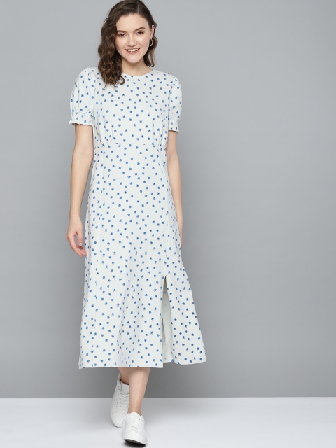 

Mast & Harbour Women Off-White & Blue Floral Midi Slit A-Line Dress