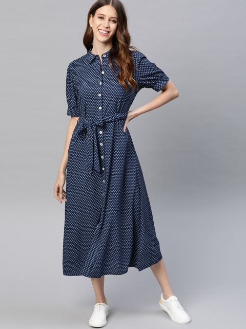 

Mast & Harbour Navy Blue & White Shirt Midi Dress & Belt