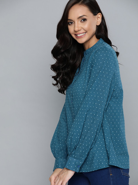 

Mast & Harbour Teal Blue & White Self Design Polka Dot Pure Cotton Shirt Style Top