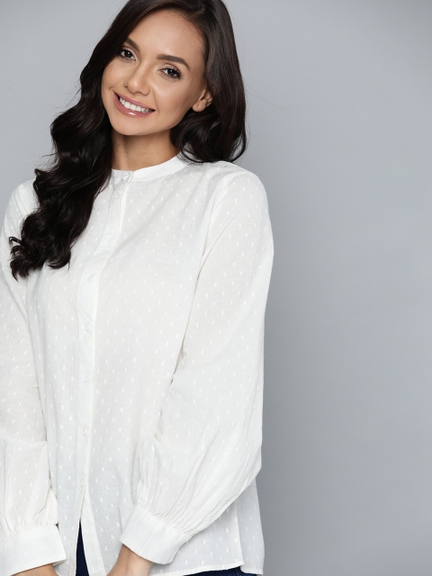 

Mast & Harbour White Self Design Dobby Weave Pure Cotton Shirt Style Top