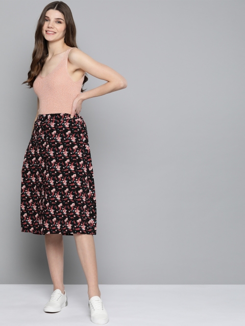 

Mast & Harbour Black & Peach-Coloured Printed A-line Midi Skirt