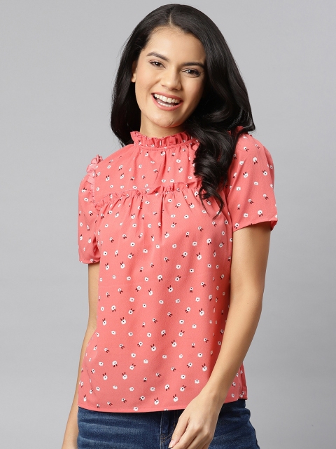 

Mast & Harbour Peach-Coloured & White Floral Ruffles Regular Top