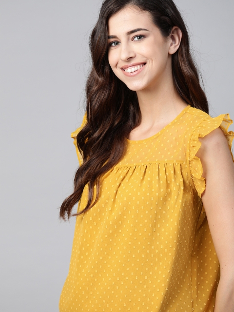 

Mast & Harbour Mustard Yellow Dobby Weave Flutter Sleeve Regular Top