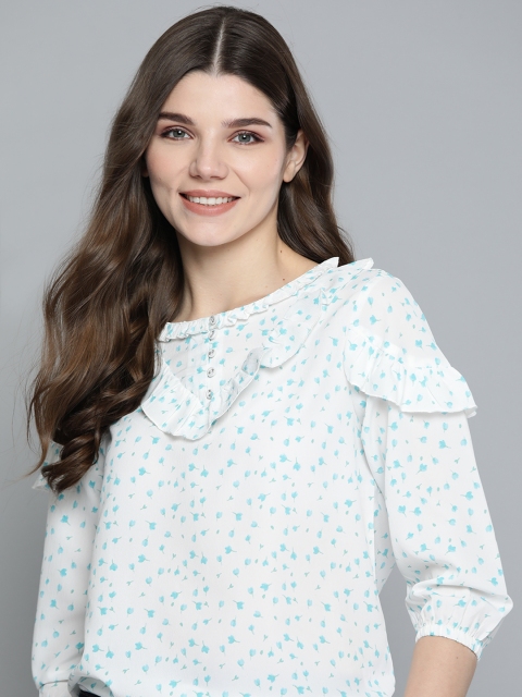 

Mast & Harbour Off White & Blue Floral Printed Puff Sleeves Regular Top