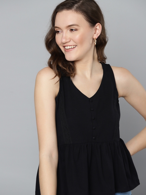 

Mast & Harbour Women Black Solid A-Line Top with Lace Inserts Detail