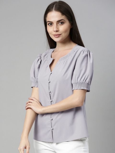 

Mast & Harbour Grey Puff Sleeve Smocked Regular Top