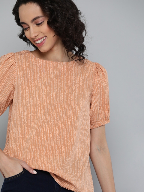 

M&H Our Water Sustainable Peach-coloured & White Printed Puff Sleeves Regular Top