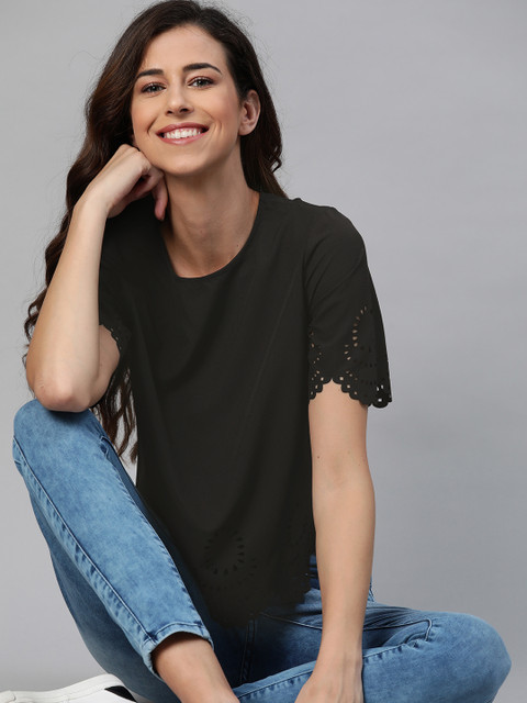 

Mast & Harbour Women Black Solid Lase Cut Out Regular Top