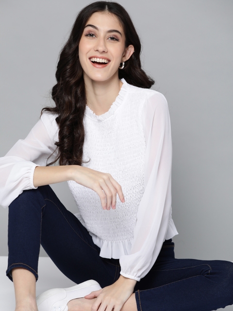 

Mast & Harbour White Solid Smocked Regular Top
