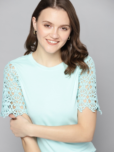 

Mast & Harbour Blue Top With Crotcheted Sleeves