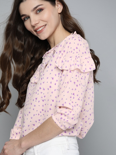 

Mast & Harbour Pink & Lavender Floral Printed Puff Sleeves Regular Top