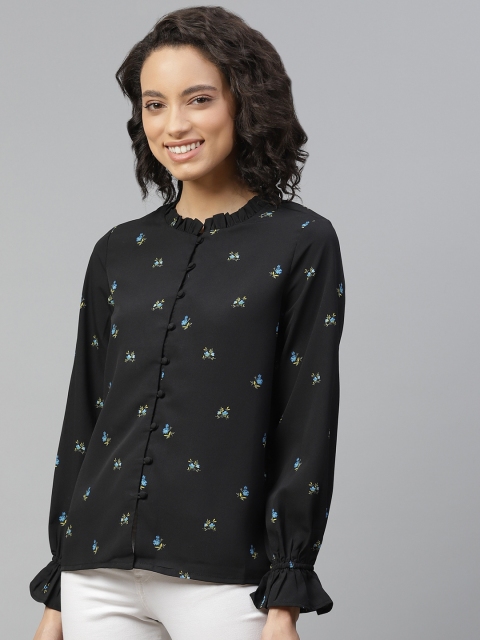 

Mast & Harbour Women Black & Yellow Floral Bell Sleeve Ruffles Regular Top