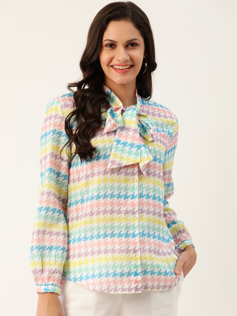 

United Colors of Benetton Women White & Blue Regular Fit Printed Casual Shirt