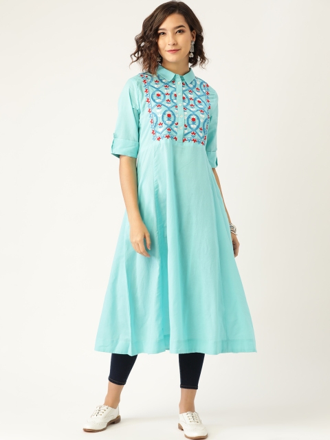 

Sangria Women Blue & Red Yoke Design Embroidered Cotton A-Line Kurta