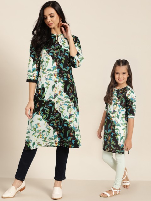 

Sangria Girls White & Black Colourblocked & Floral Print Pure Cotton A-Line Kurta