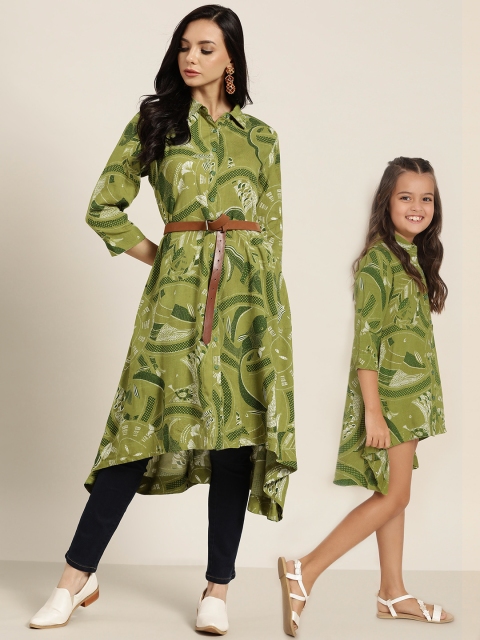 

Sangria Girls Green & White Ethnic Motifs Print High-Low Hem Shirt Dress