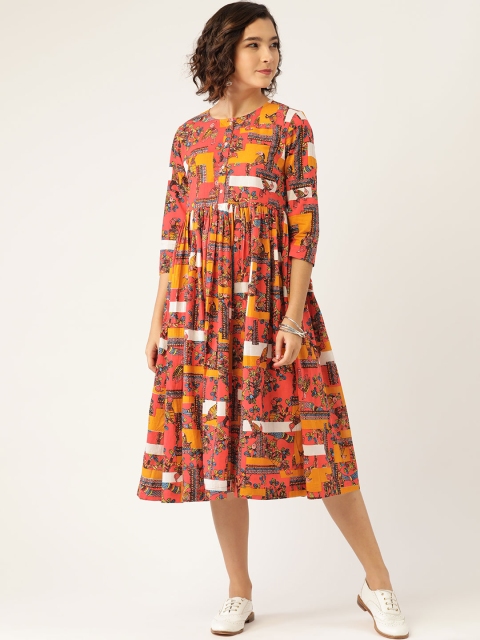 

Sangria Coral Pink & Yellow Cotton Ethnic Motifs Printed Midi A-Line Dress