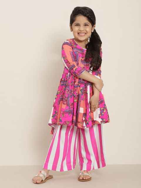 

Sangria Girls Pink & Teal Blue Quriky Print Pleated Anatrkali Kurta with Palazzos