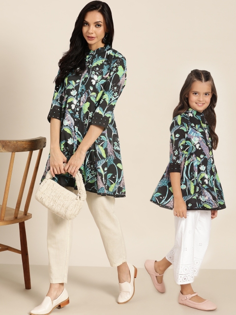 

Sangria Girls Black & Green Floral Print Pure Cotton A-Line Top