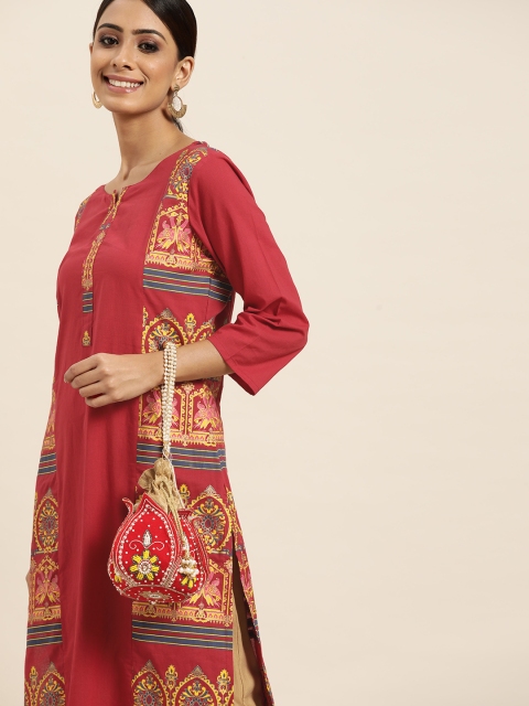 

Sangria Women Red & Mustard Yellow Yellow Ethnic Motifs Printed Pure Cotton Straight Kurta