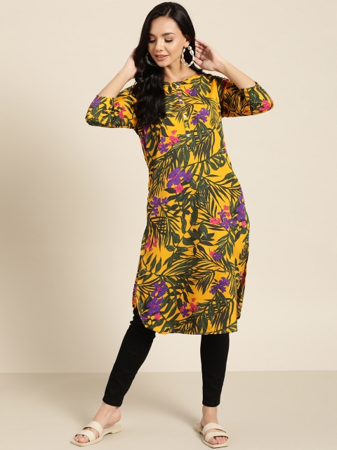

Sangria Women Mustard Yellow & Green Floral Printed Kurta