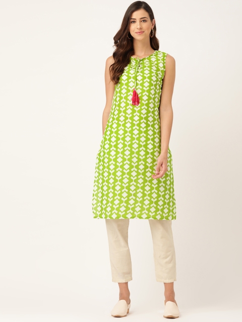 

Sangria Women Lime Green & White Pure Cotton Printed Straight Kurta