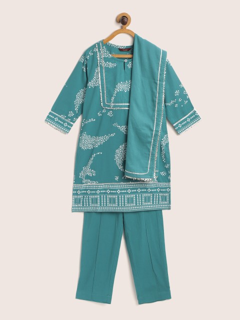 

Sangria Girls Sea Green & White Geometric Print Pure Cotton Kurta with Trousers & Dupatta