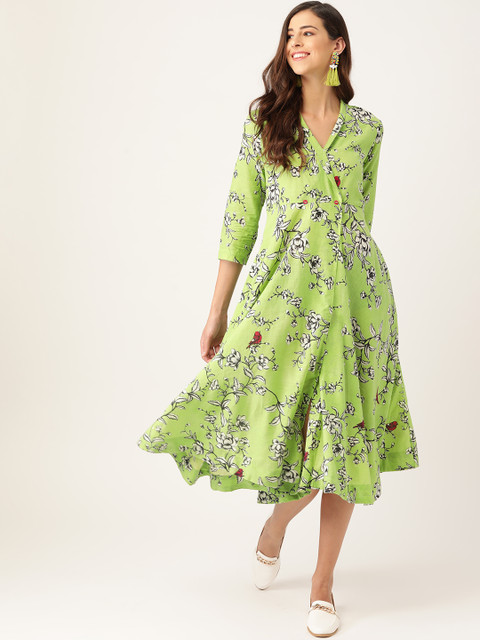 

Sangria Women Green & White Pure Cotton Printed Wrap Dress