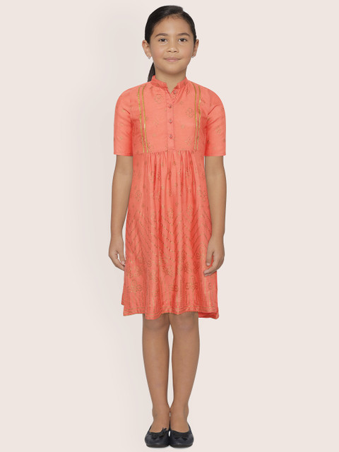 

Sangria Girls Peach-Coloured & Golden Ethnic Motifs Printed Gotta Patti Kurta