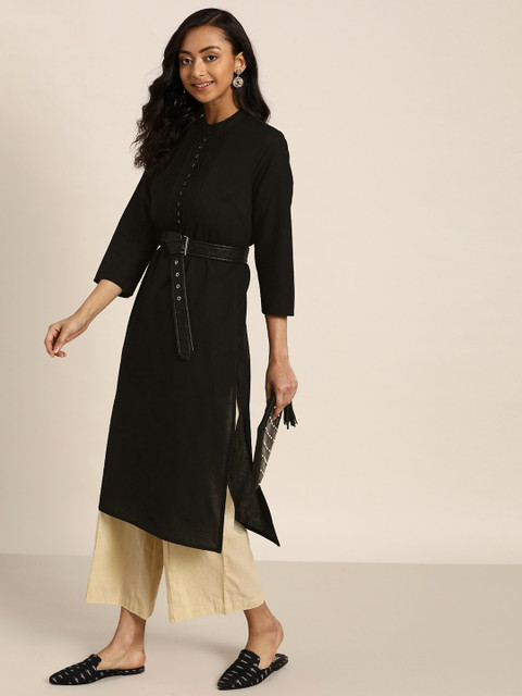 

Sangria Women Black Pure Cotton Solid Pleated Straight Kurta