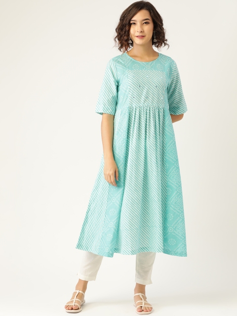 

Sangria Women Blue & White Cotton Striped Mirror Work Kurta