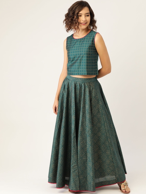 

Sangria Green Printed Ready to Wear Pure Cotton Fusion Lehenga Choli