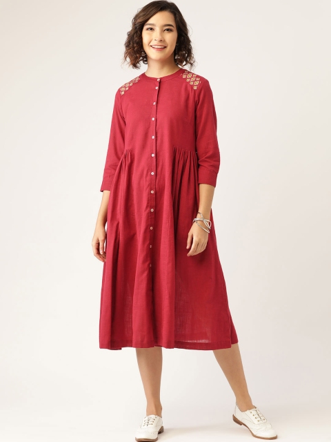 

Sangria Red Cotton Solid Ethnic A-Line Midi Dress