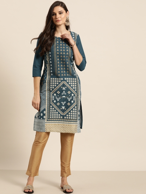 

Sangria Women Teal Green & Golden Pure Cotton Solid Straight Kurta