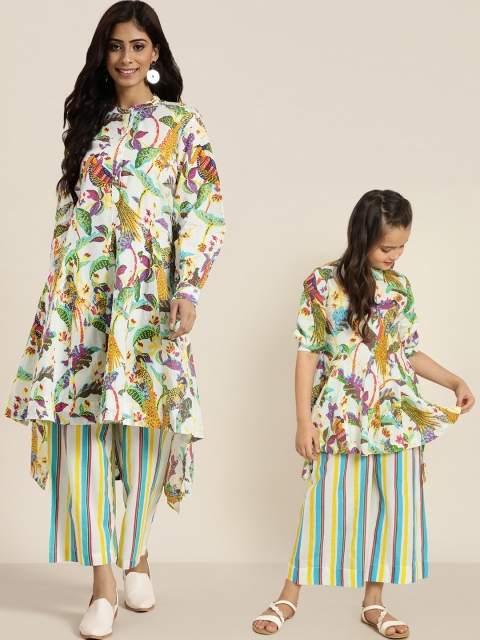 

Sangria Girls White & Green Printed Pure Cotton A-Line Kurta with Palazzos