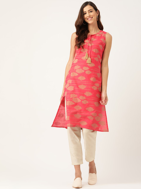 

Sangria Women Pink & Beige Pure Cotton Printed Straight Kurta