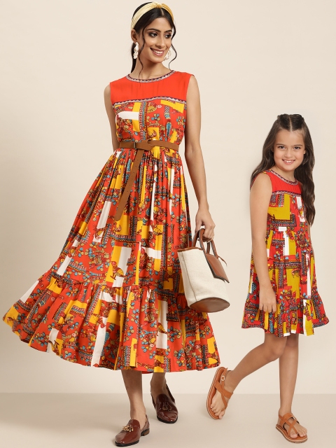 

Sangria Girls Orange & Mustard Yellow Ethnic Print Thread Work Detail Fit & Flare Dress