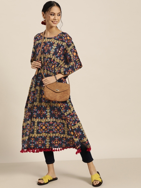 

Sangria Women Navy Blue & Yellow Ethnic Motifs Printed Extended Sleeves Thread Work Kaftan Kurta