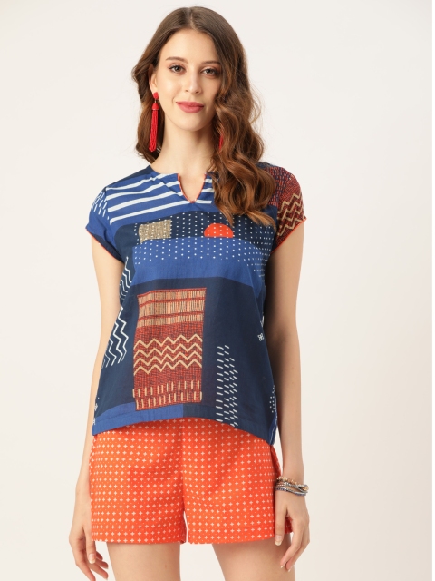 

Sangria Women Blue & Orange Pure Cotton Geometric Print Top with Shorts