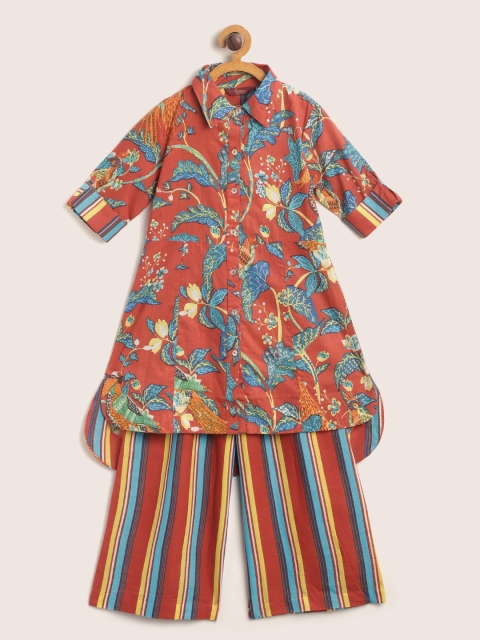 

Sangria Girls Red & Blue Pure Cotton Ethnic Motif Print Kurta Set