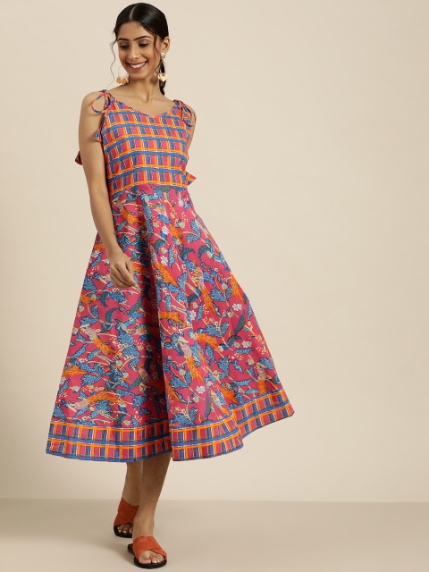 

Sangria Pink & Blue Ethnic Motifs Ethnic Print Cotton A-Line Midi Dress