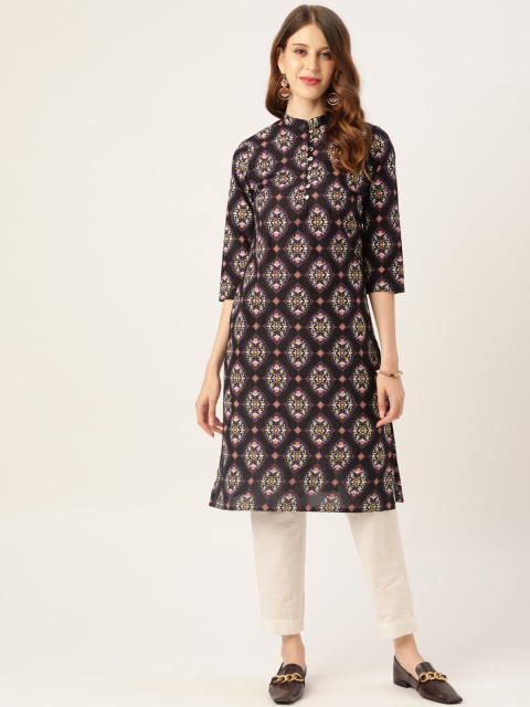 

Sangria Women Black & White Pure Cotton Ethnic Motifs Print Kurta